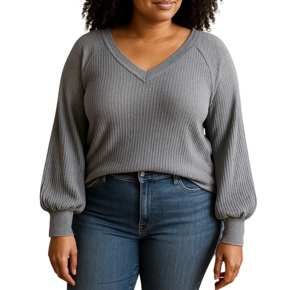 We The‎ Free People Gray Waffle Knit Thermal Balloon Sleeve Top M